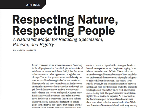 "Respecting Nature, Respecting People: A Naturalist Model for Reducing Speciesism, Racism, and Bigotry" in Skeptics magazine
