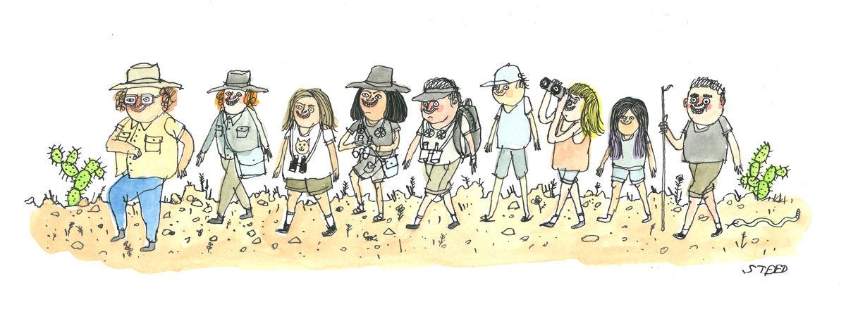 Steed New Yorker cartoonist Ed Steed kindly sketched me leading an expedition that included Ed himself (at the rear) to Bracken Cave in Texas, with its twenty million bats.